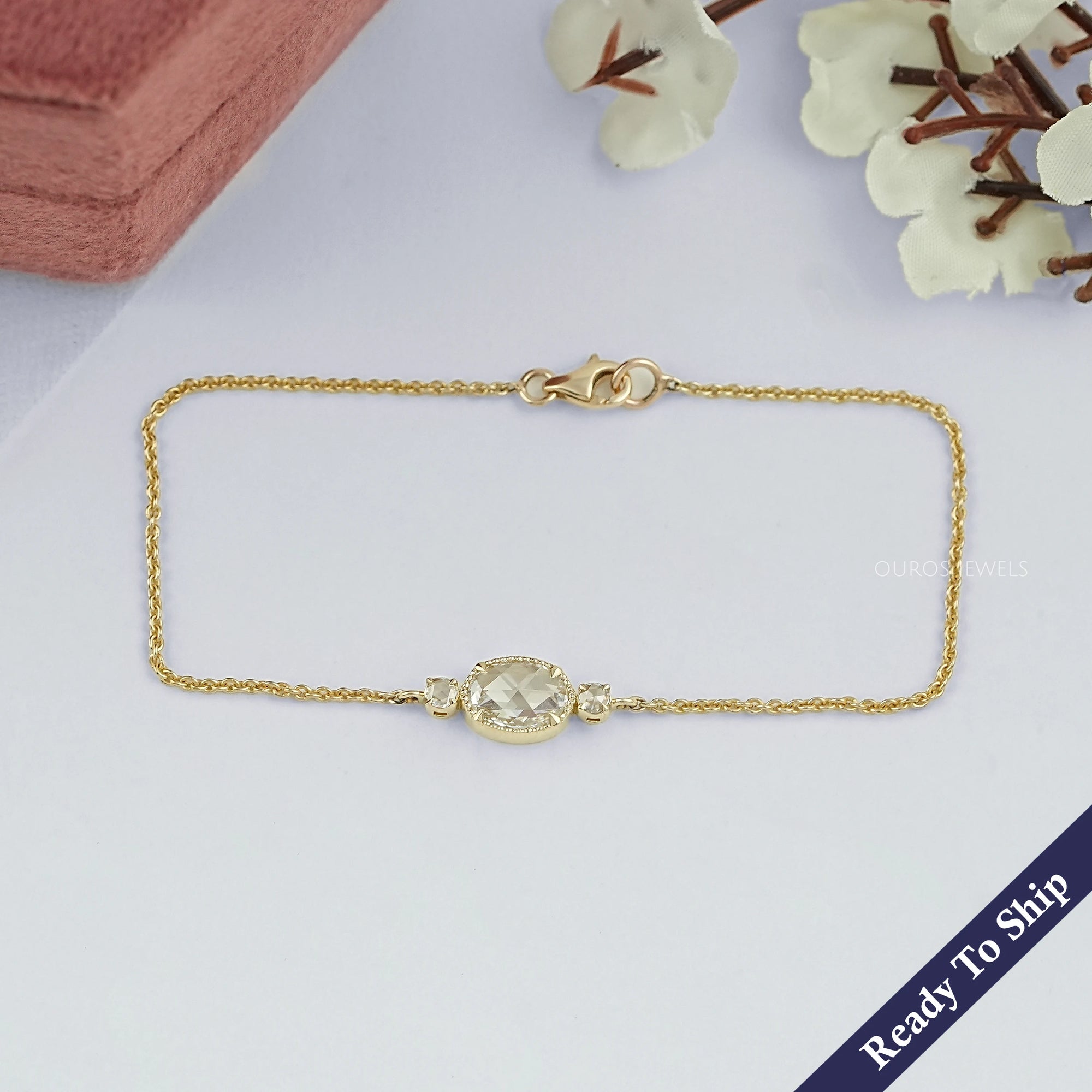 Three Stone Rose Cut Oval Bezel Chain Bracelet