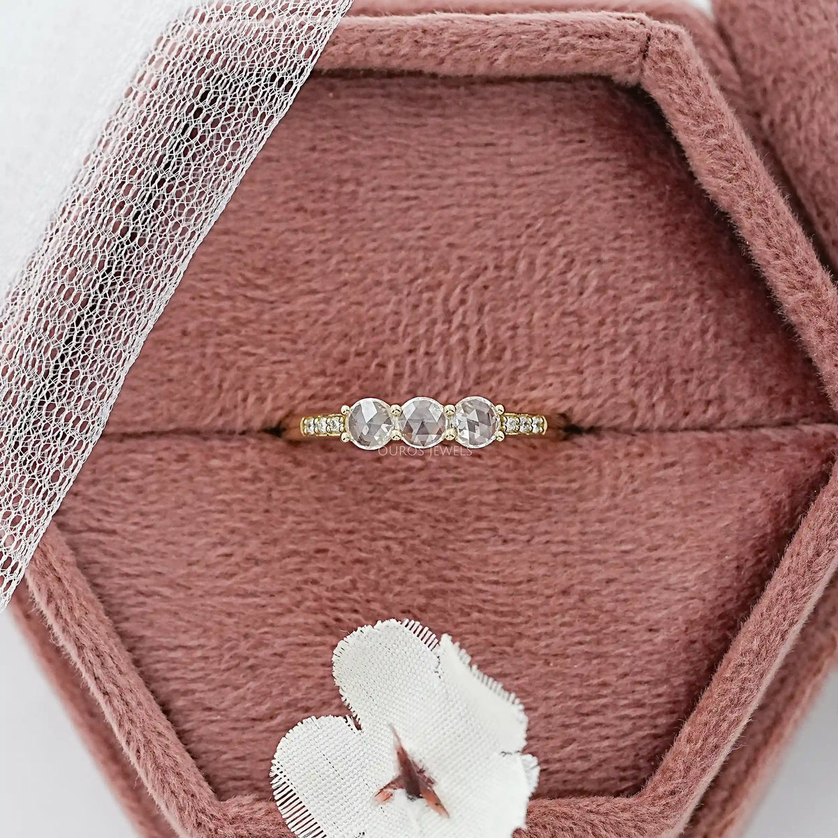 3 Stone Rose Cut Round Diamond Accent Ring Ring