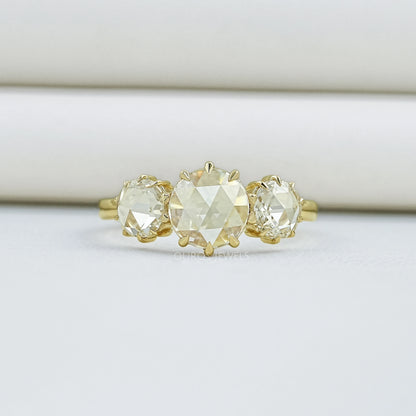 Three Stone Rose Cut Round Engagement Ring