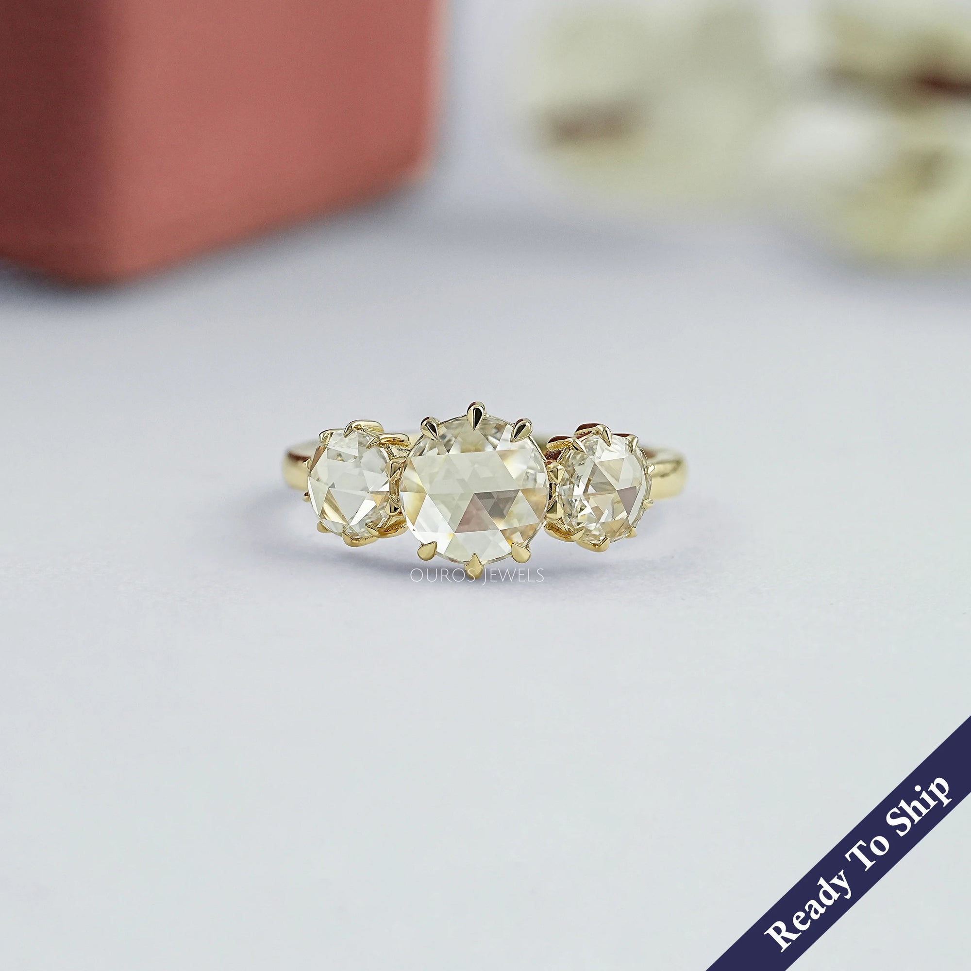 Three Stone Rose Cut Round Engagement Ring