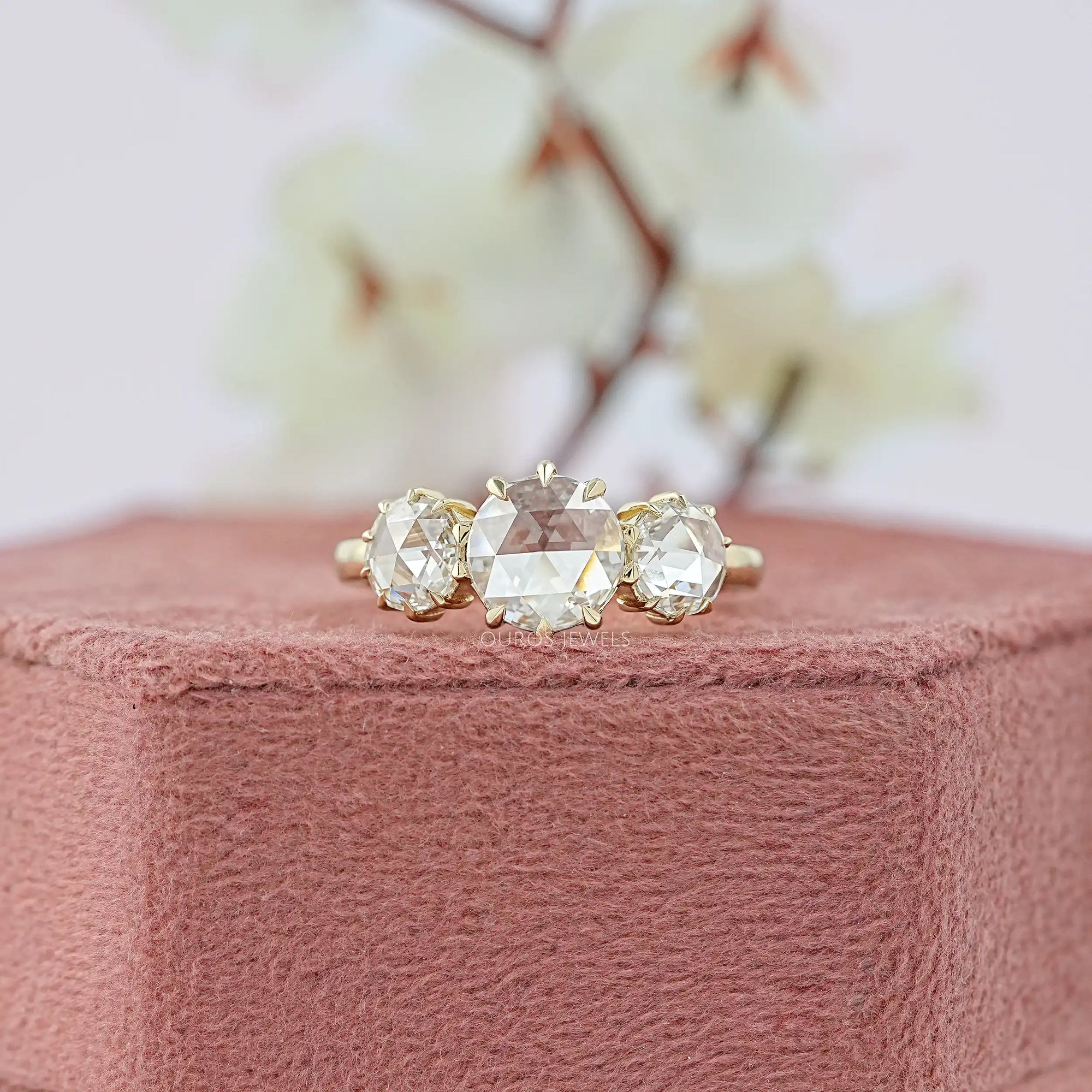 Three Stone Rose Cut Round Engagement Ring