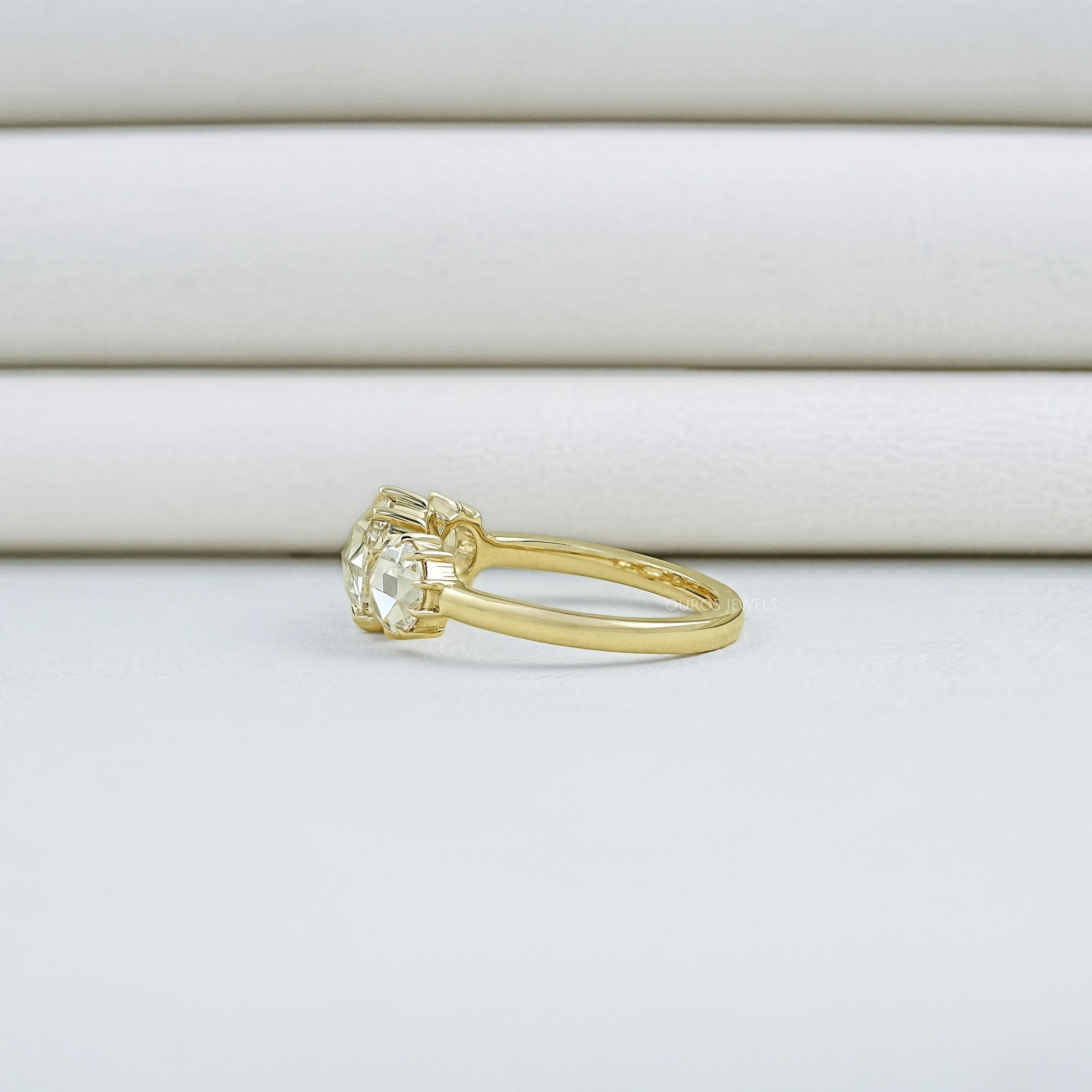Three Stone Rose Cut Round Engagement Ring