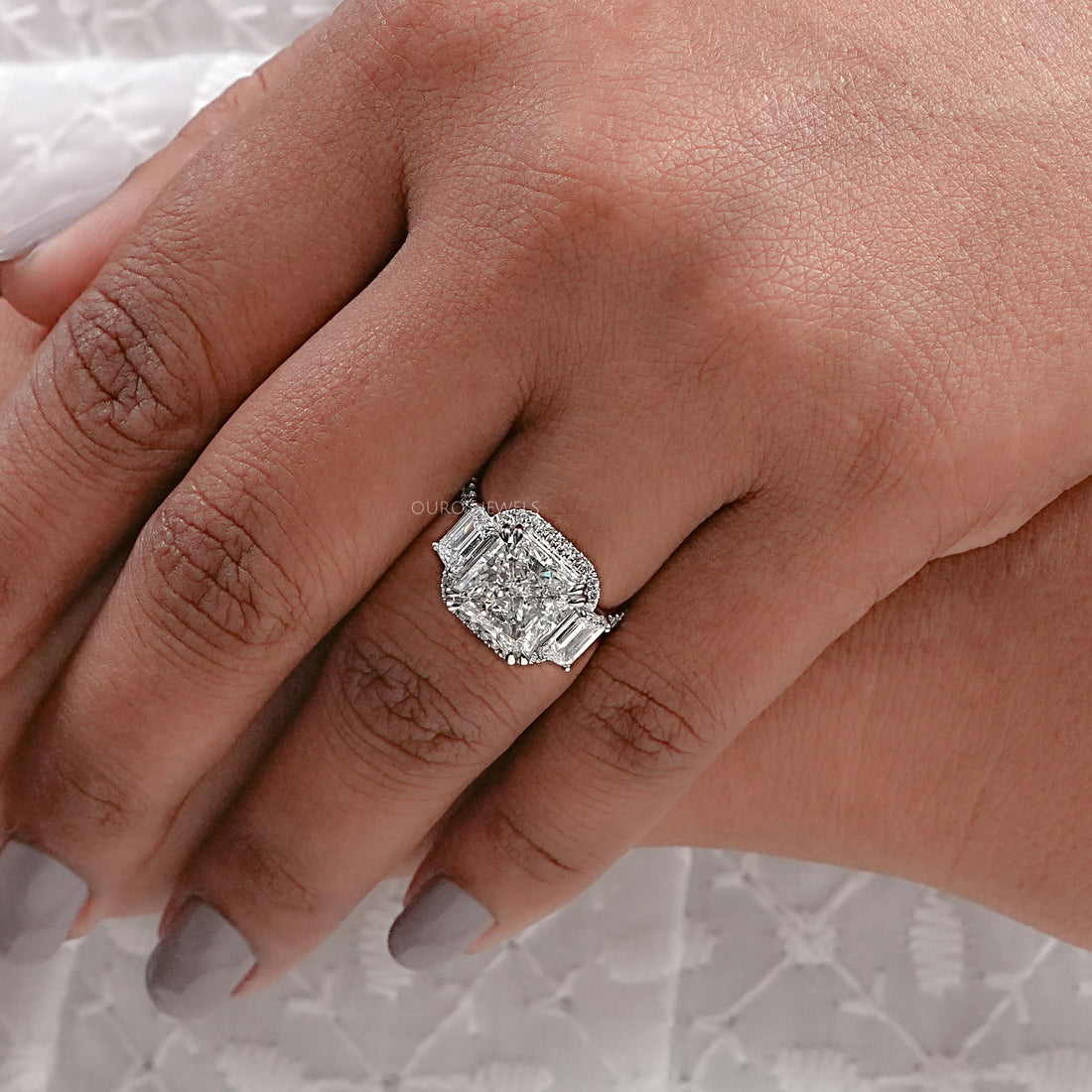 Square Radiant Cut Three Stone Halo With Accent Ring Rings