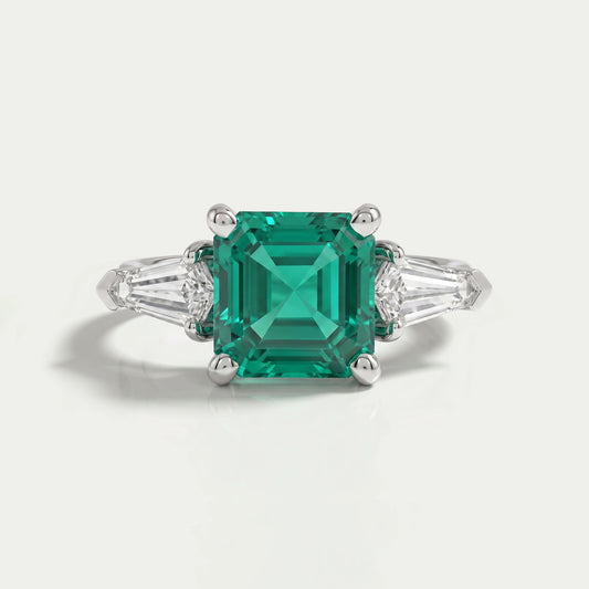 Asscher Cut Green Gemstone Three Stone Engagement Ring Ring