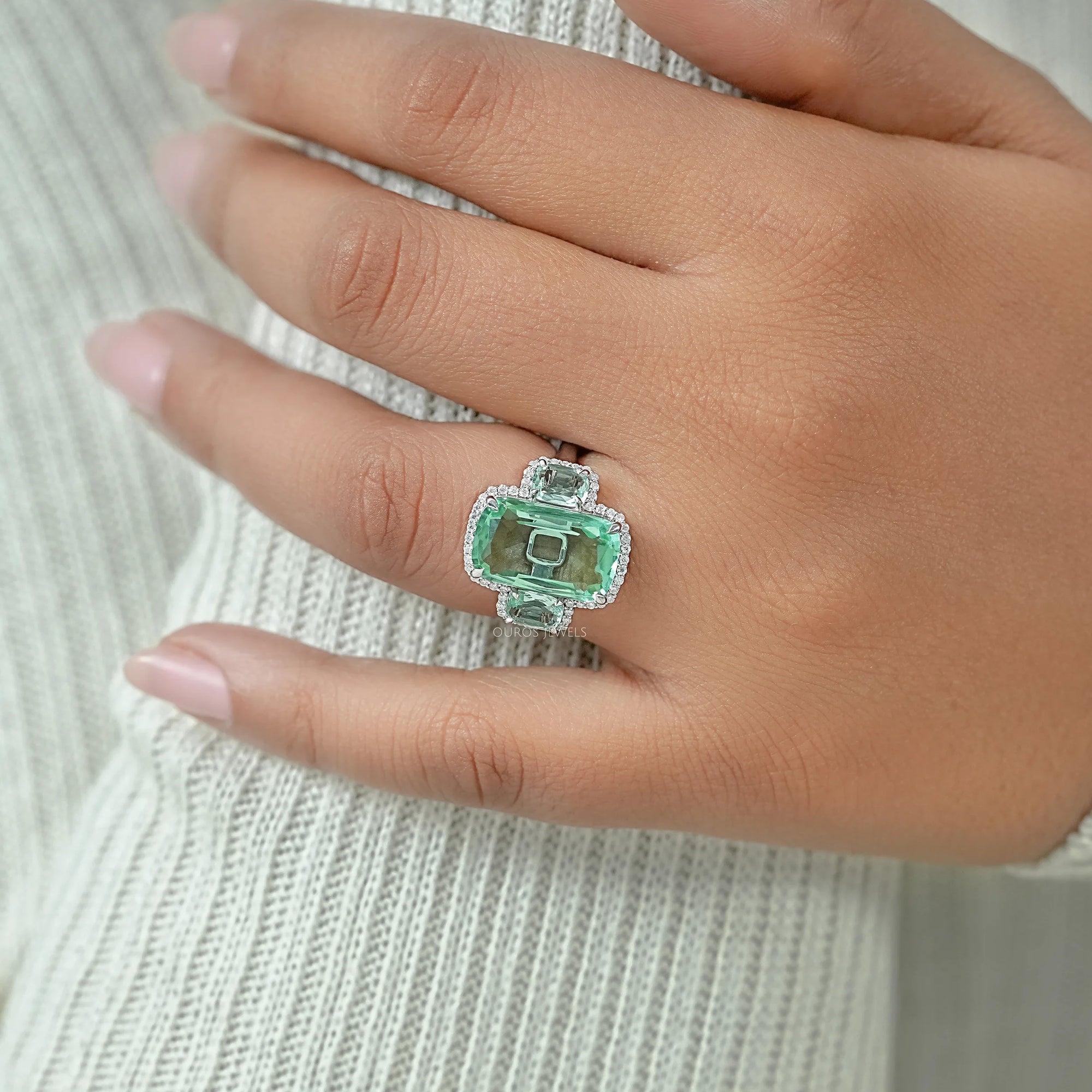 Trilogy Mint Green Cushion Gemstone Halo Ring Ring