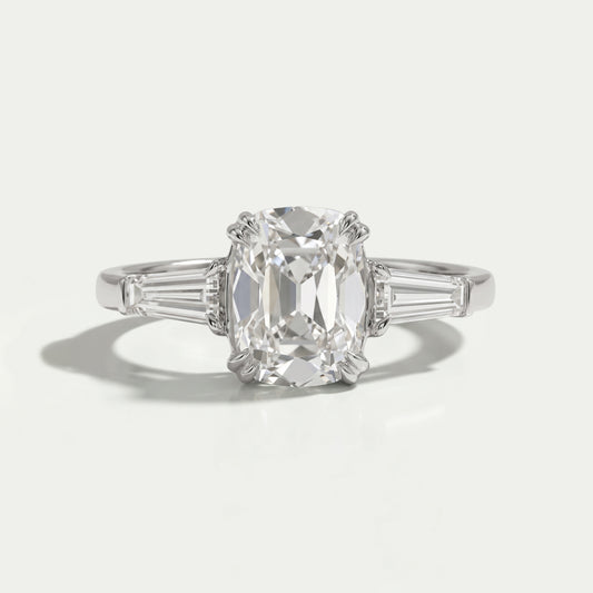 Three Stone Old Mine Cushion Cut Diamond Engagement Ring Ring