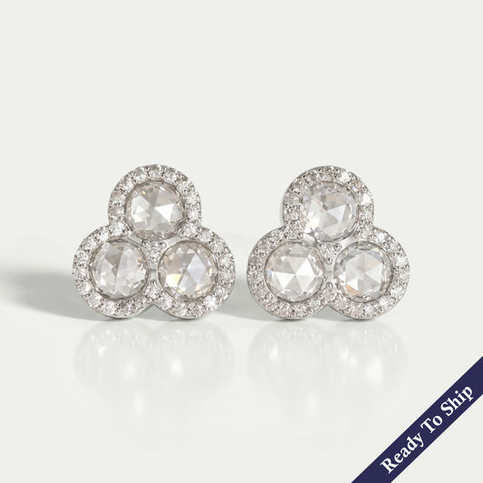 Trio Rose Cut Round Diamond Halo Stud Earrings