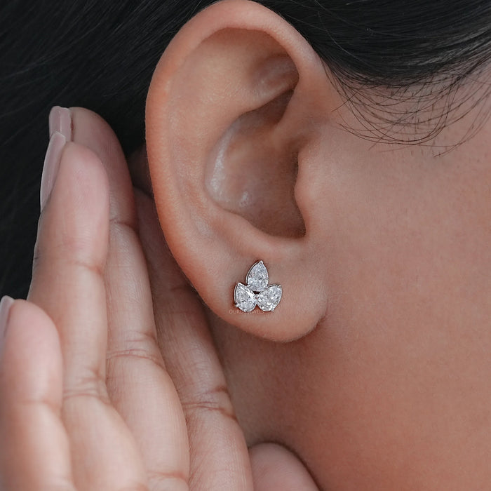 Pear Cut Lab Diamond Stud Earrings In Three Stone