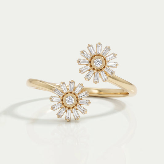 Two Flower Shape Tapered Baguette Cut Lab Diamond Bypass Ring Rings