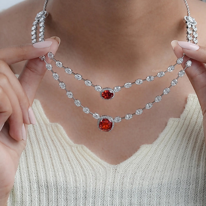 Double Layer Ruby Cushion And Oval Halo Tennis Necklace