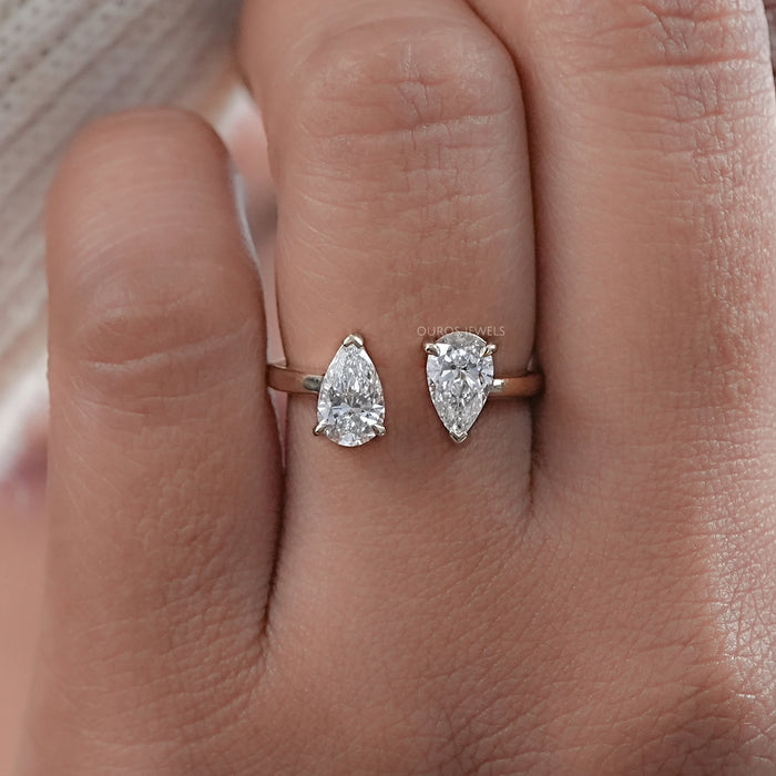 front view of two stone pear-cut lab diamond toi et moi open cuff wedding ring