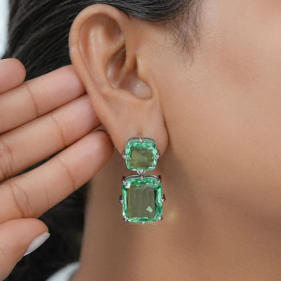 Mint Green Cushion Gemstone Drop Earrings Earrings