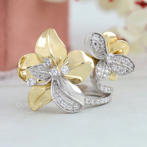 front view of floral-style two-tone round diamond vintage customized engagement ring