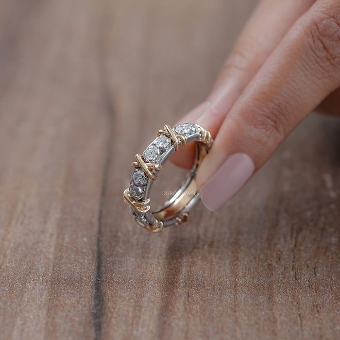 Two Tone Round Diamond Crossover Eternity Wedding Band
