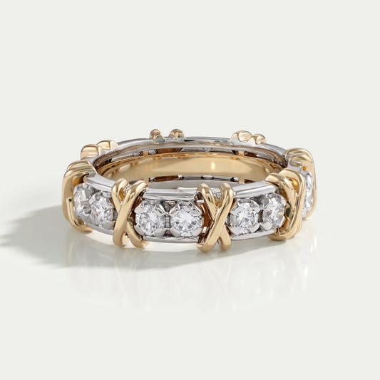 Two Tone Round Diamond Crossover Eternity Wedding Band Rings