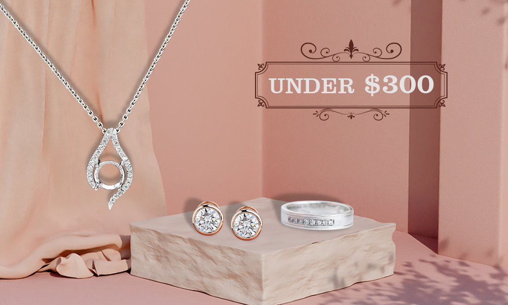 An elegant yet affordable lab-grown diamond jewelry including stud earrings, necklaces under 300$