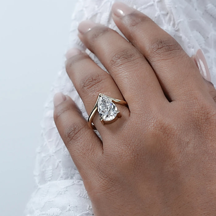 V  Shape Pear Cut Lab Diamond Solitaire Engagement Ring