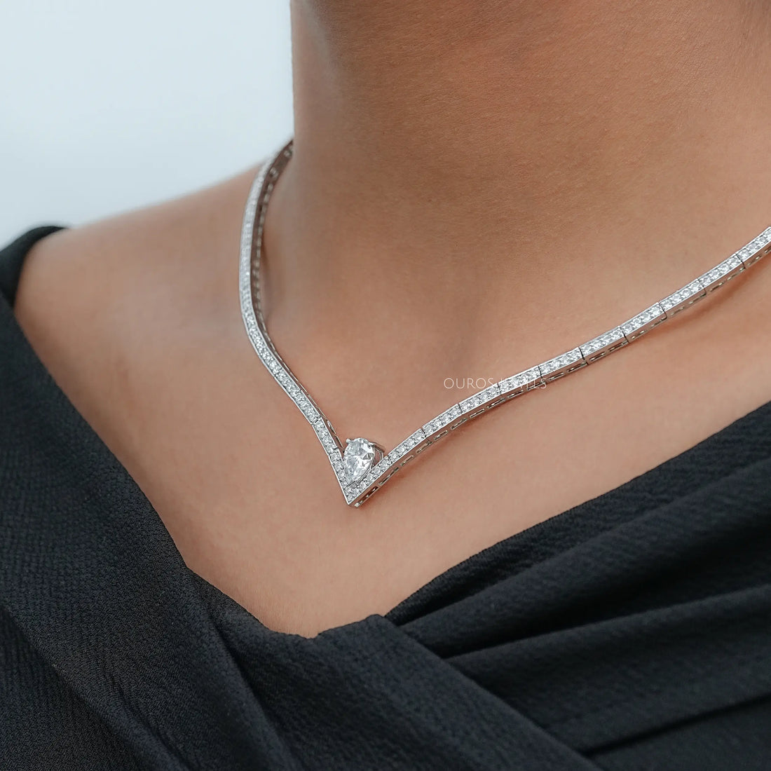 V - Shape Pear Diamond Drop Tennis Neckalce Necklaces