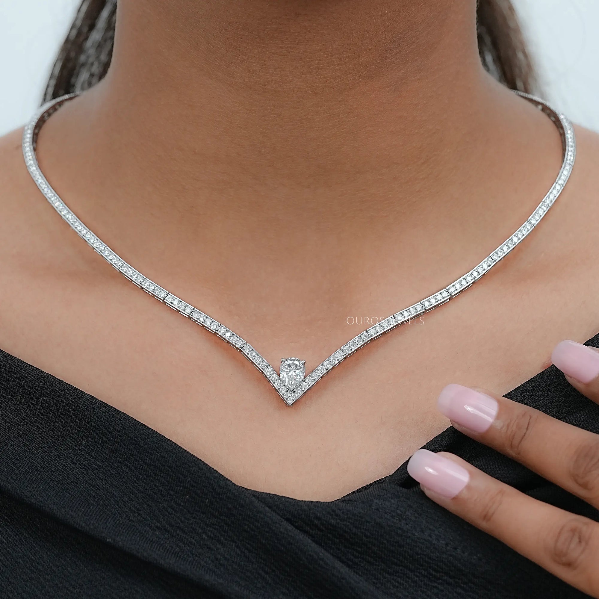 V - Shape Pear Diamond Drop Tennis Neckalce Necklaces