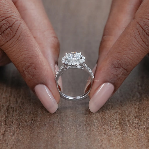 close view of old european round cut lab diamond halo engagement ring