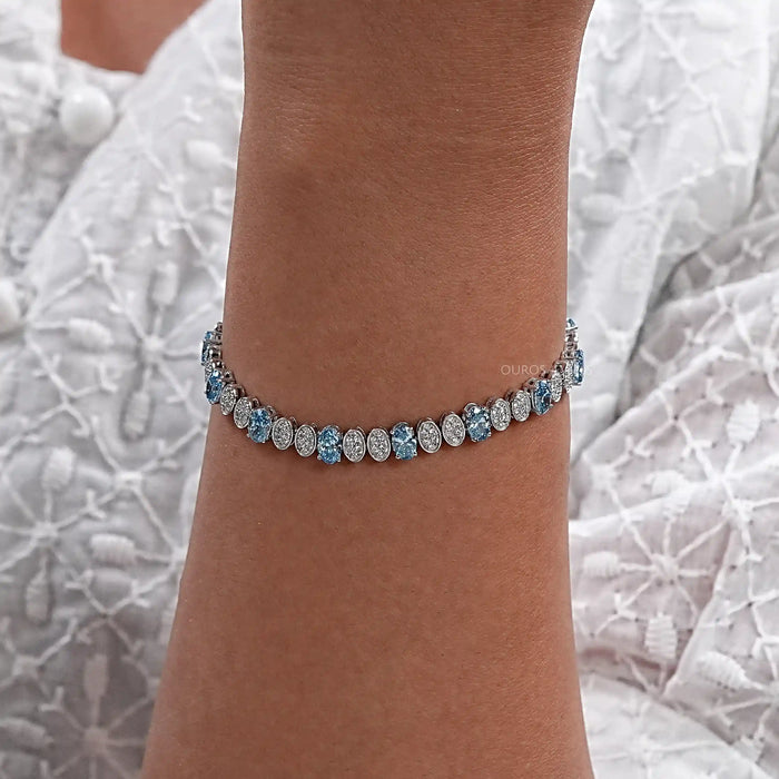 Alternating Blue Oval & Round Diamond Tennis Bracelet