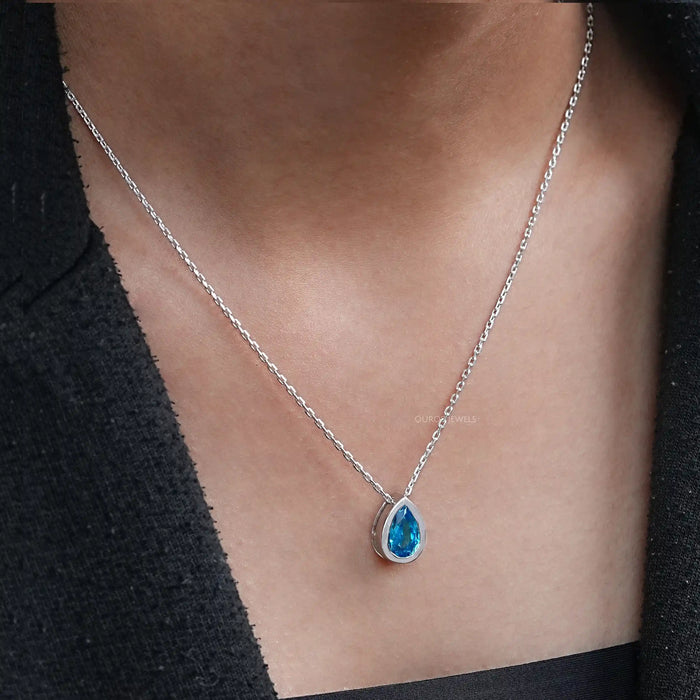 Aqua Blue Pear Gemstone Bezel Set Solitaire Pendant