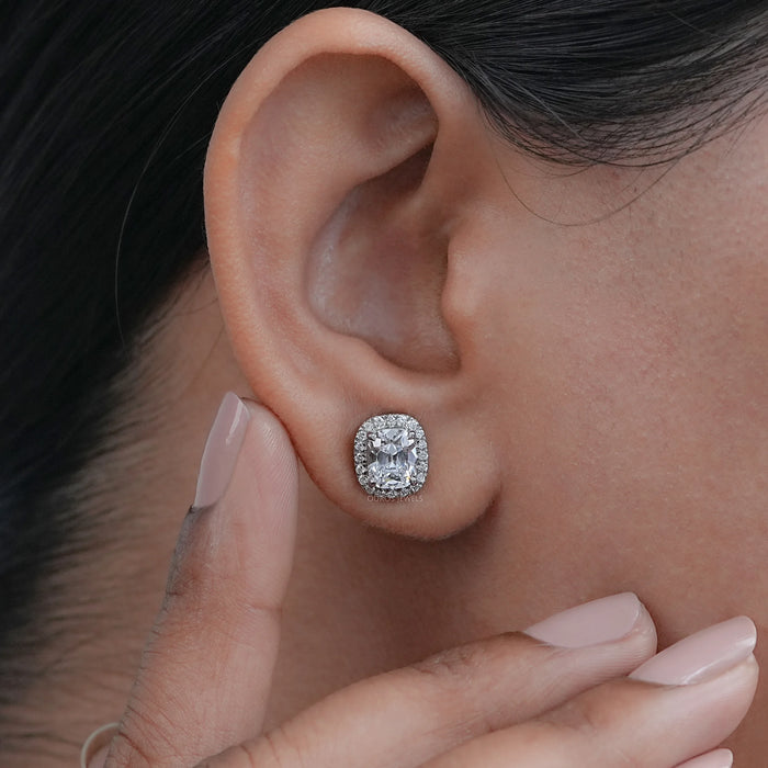 Cushion Cut Halo Stud Earrings With Old Mine