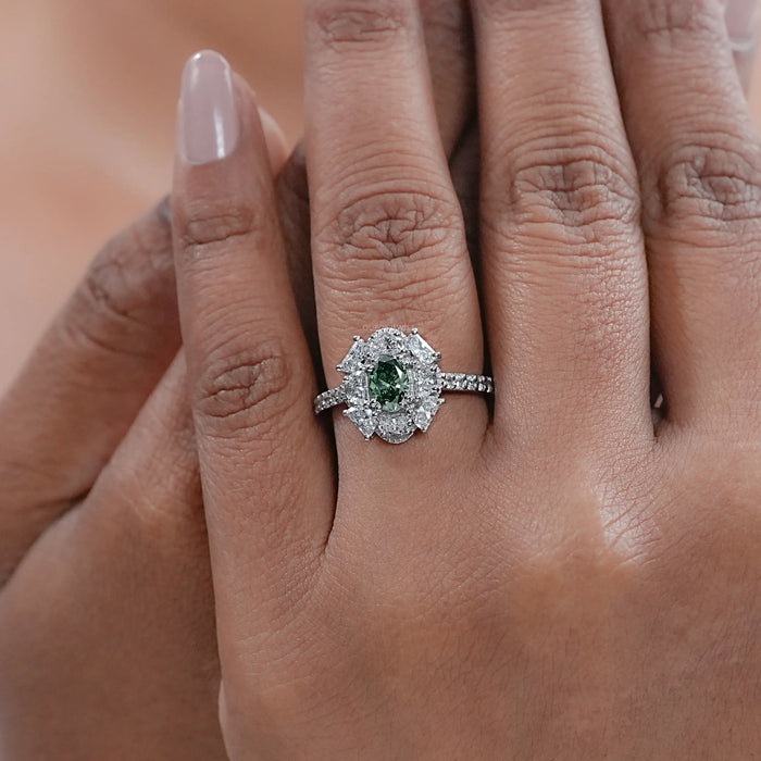 Green Oval Cut Half Moon Halo Engagement Ring
