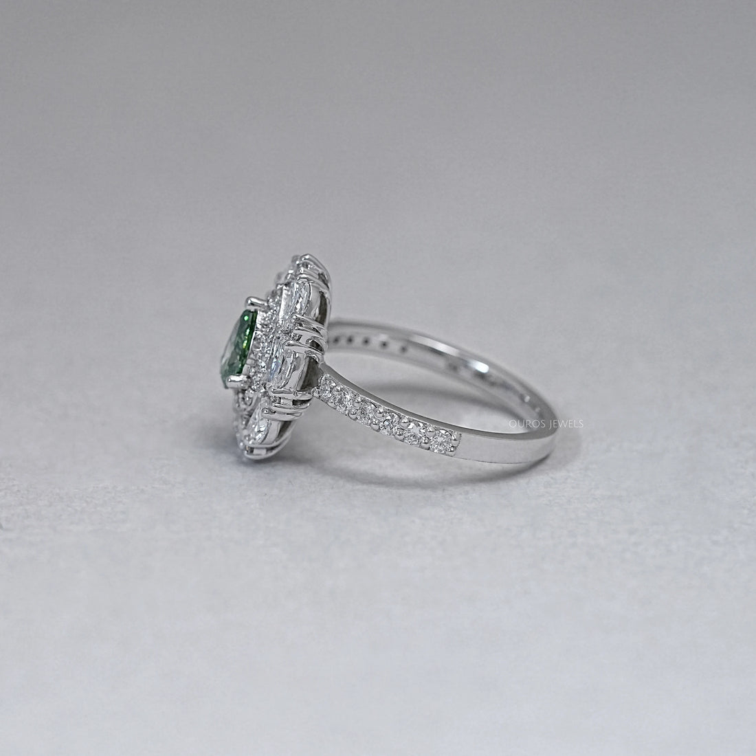 Green Pear Cut Surround Double Halo Diamond Engagement Ring Rings