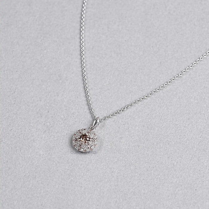 Double Halo Round Shape Brown Diamond Pendant