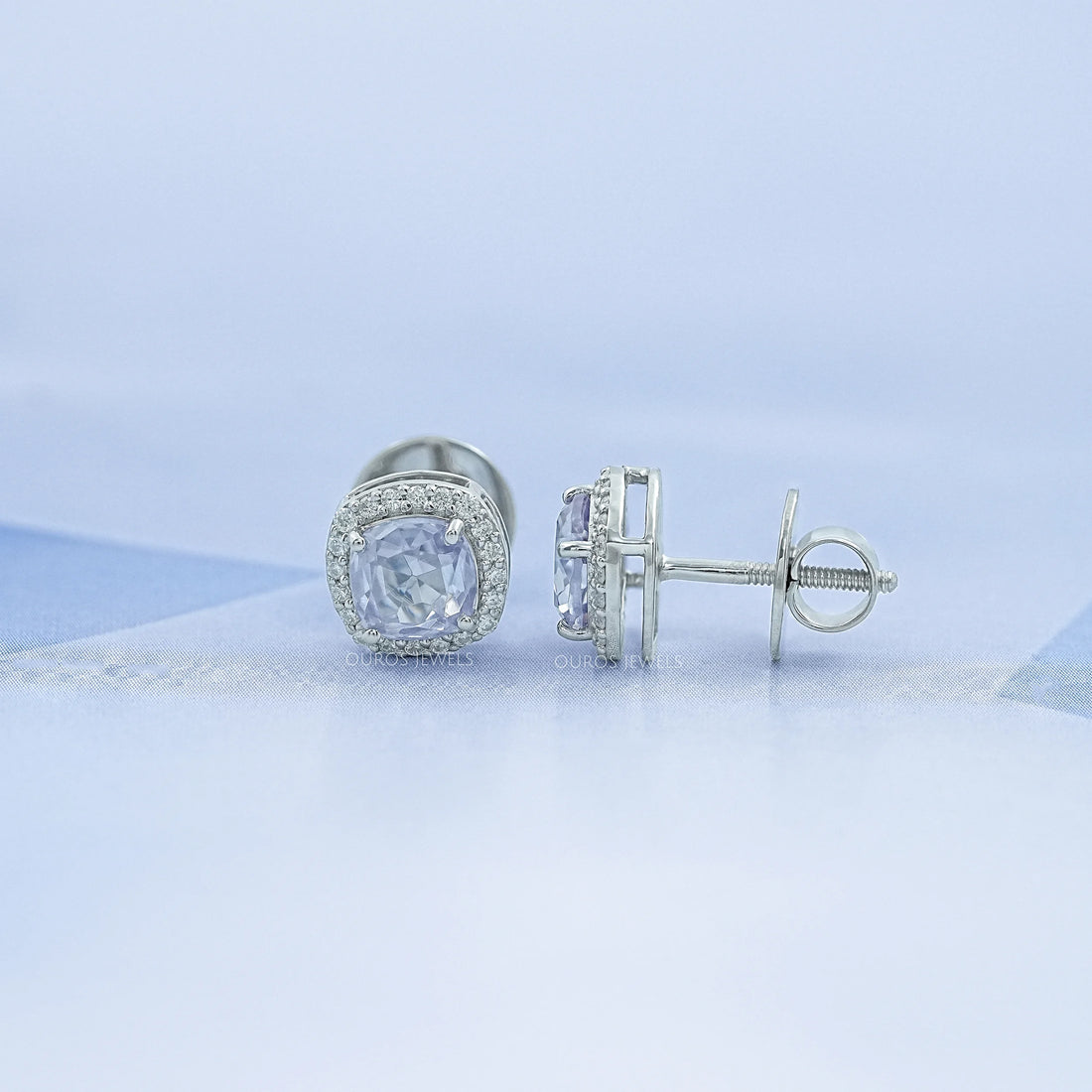 Light Purple Square Cushion Halo Stud Earrings Earring