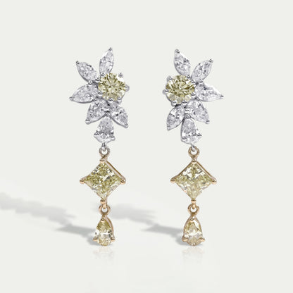 Yellow And White Diamond Floral Drop Earrings Earrings