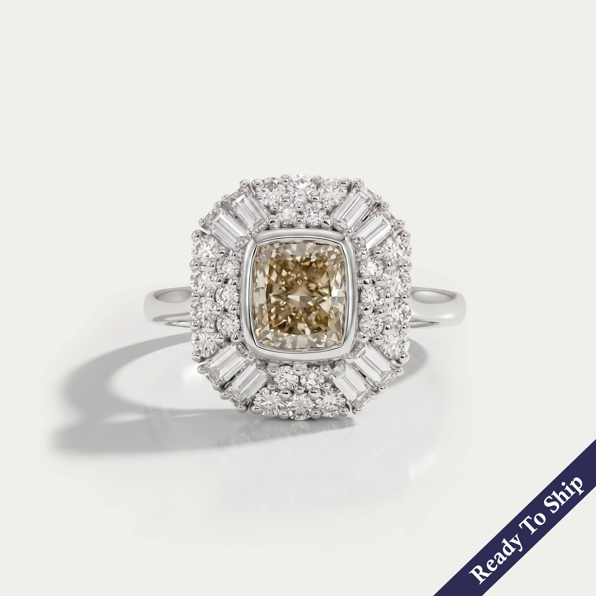 Yellow Cushion Cut Lab Diamond Bezel Set Cluster Ring Ring
