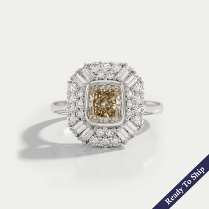 Yellow Cushion Cut Lab Diamond Bezel Set Cluster Ring Ring