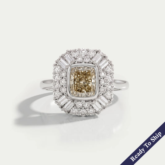 Yellow Cushion Cut Lab Diamond Bezel Set Cluster Ring
