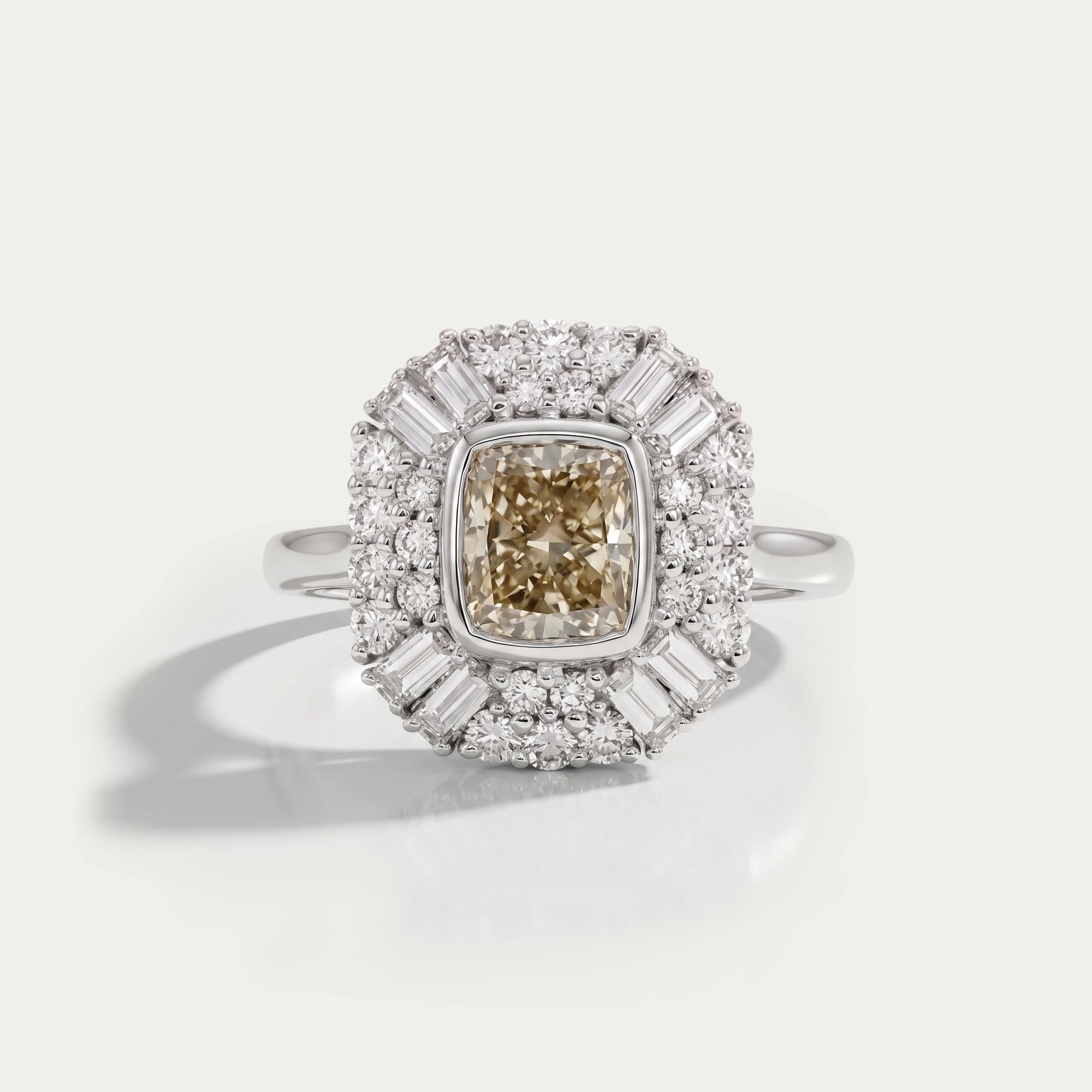 Yellow Cushion Cut Bezel Set Cluster Diamond Ring