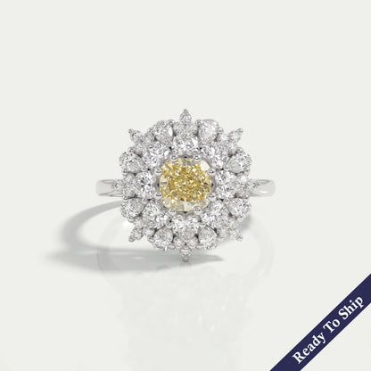 Yellow Cushion Cut Lab Diamond Sunburst Cluster Set Halo Ring Ring
