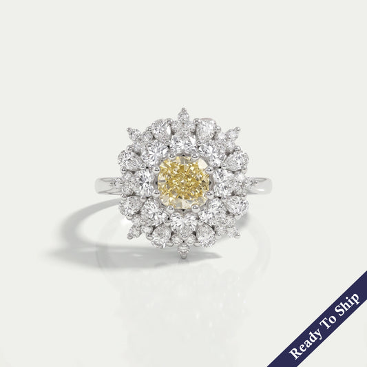 Yellow Cushion Cut Lab Diamond Sunburst Cluster Set Halo Ring