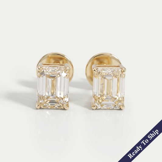 Yellow Emerald Cut Lab Diamond Stud Earrings