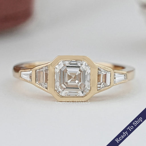 front view of asscher and trapezoid cut lab diamond bezel five stone wedding ring