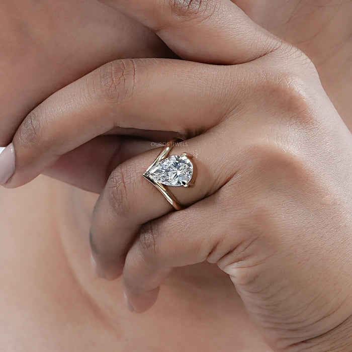 V  Shape Pear Cut Lab Diamond Solitaire Engagement Ring