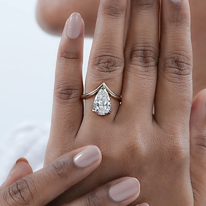 V  Shape Pear Cut Lab Diamond Solitaire Engagement Ring