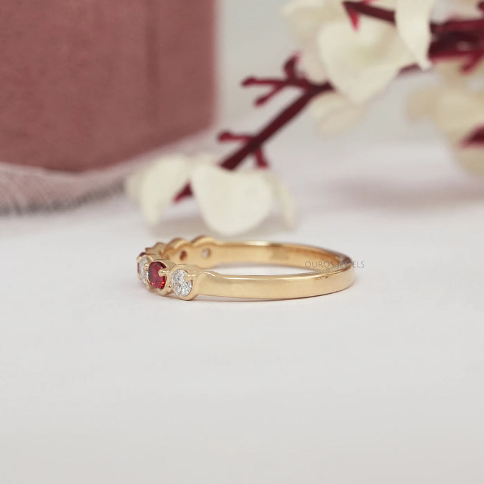 Diamond Half Eternity Band With Red Gemstone Round Cut