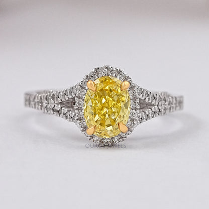 Yellow Oval Diamond Halo Split Shank Engagement Ring