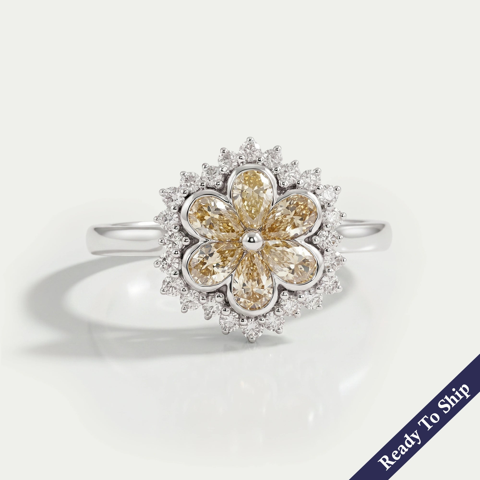 Yellow Pear Cut Lab Diamond Bezel Set Floral Style Halo Ring Ring