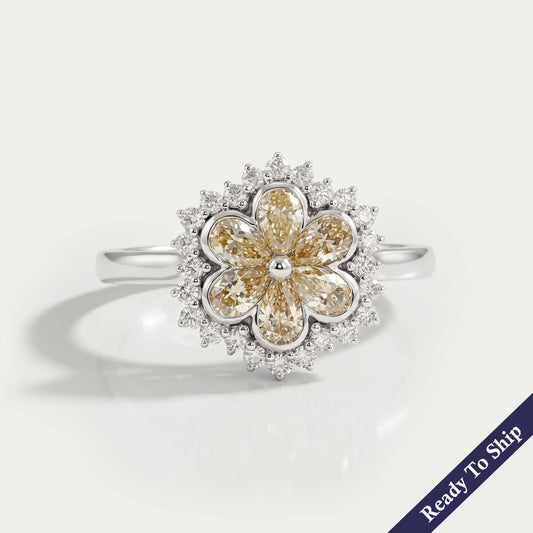 Yellow Pear Cut Lab Diamond Bezel Set Floral Style Halo Ring