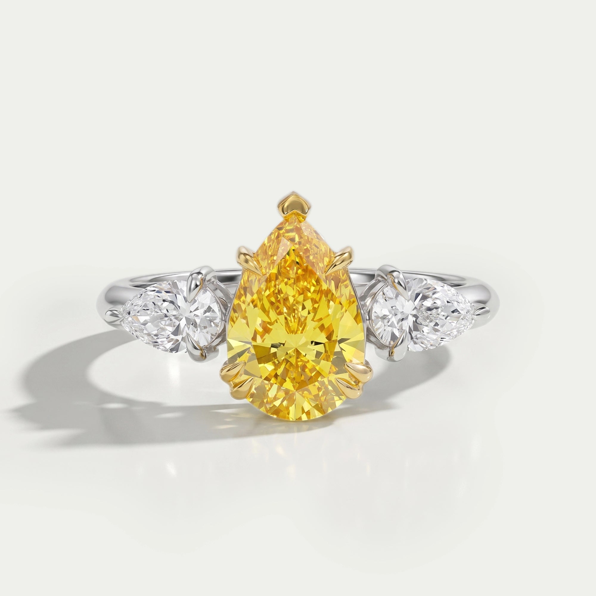Yellow Pear Cut Lab Three Stone Diamond Ring