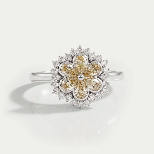 Yellow Pear Cut Floral Halo Diamond Ring Ring