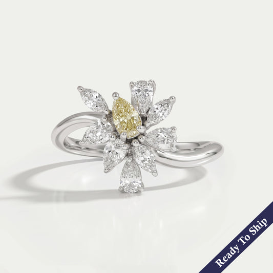 Yellow Pear And Marquise Cut Lab Diamond Cluster Set Ring