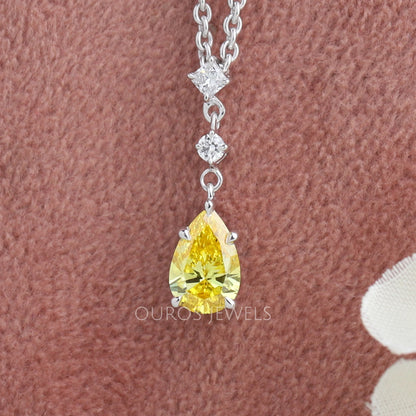 Yellow Pear Cut Three Stone Diamond Pendant Necklaces